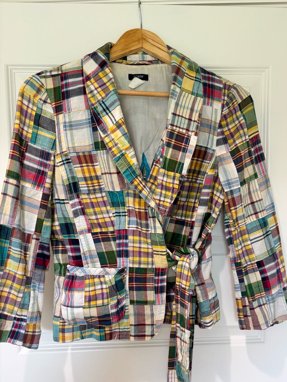 J. Crew Sz 8 Cotton Cropped Madras Tie Jacket  Blazer Preppy Coastal Style EUC